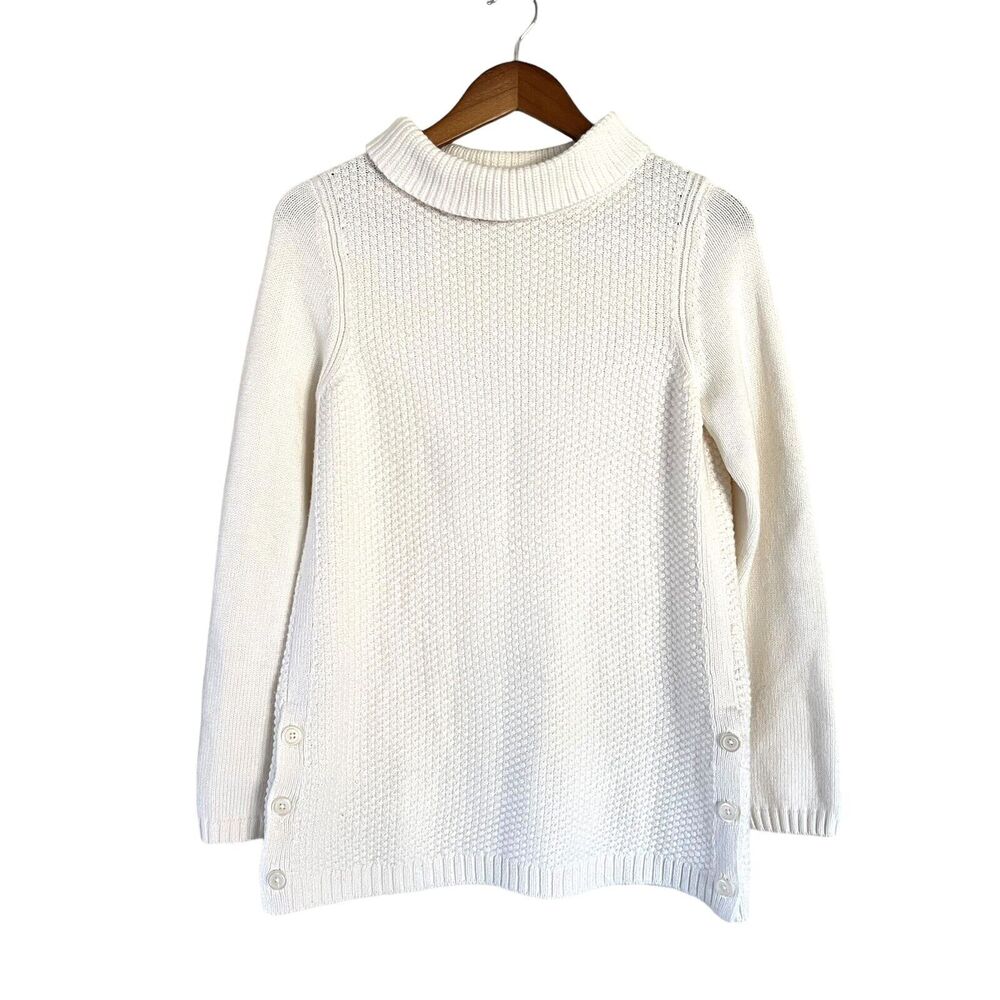 Talbots Turtleneck Tunic Sweater Womens S Ivory Cotton Blend Side Buttons Slits
